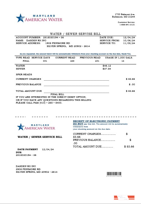 USA Maryland American water business utility bill template in Word and PDF formats